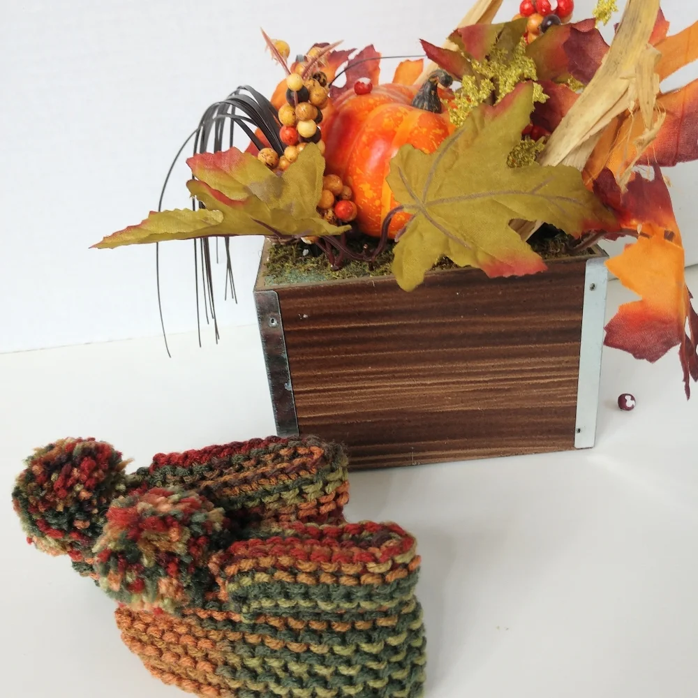 Hand Crafted Baby Slippers Boots Shoes Pompom Knit Browns Greens Orange Fall